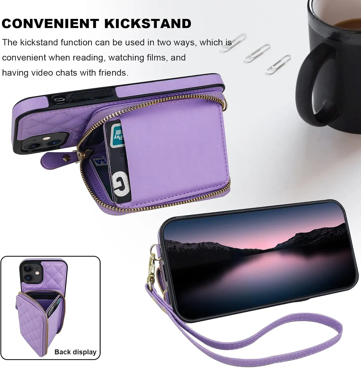 Bocasal Crossbody Wallet Case for iPhone 12/12 Pro, RFID Blocking PU Leather Zipper Handbag Purse Flip Cover, Kickstand Folio Case with Card Slots Holder Wrist Strap Lanyard 5G 6.1 Inch (Purple)