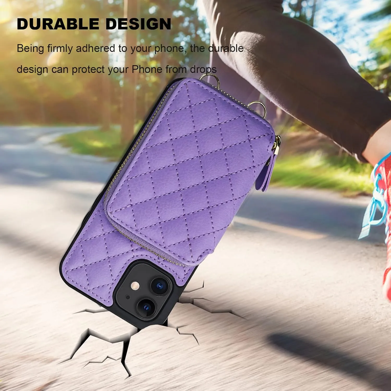 Bocasal Crossbody Wallet Case for iPhone 12/12 Pro, RFID Blocking PU Leather Zipper Handbag Purse Flip Cover, Kickstand Folio Case with Card Slots Holder Wrist Strap Lanyard 5G 6.1 Inch (Purple)