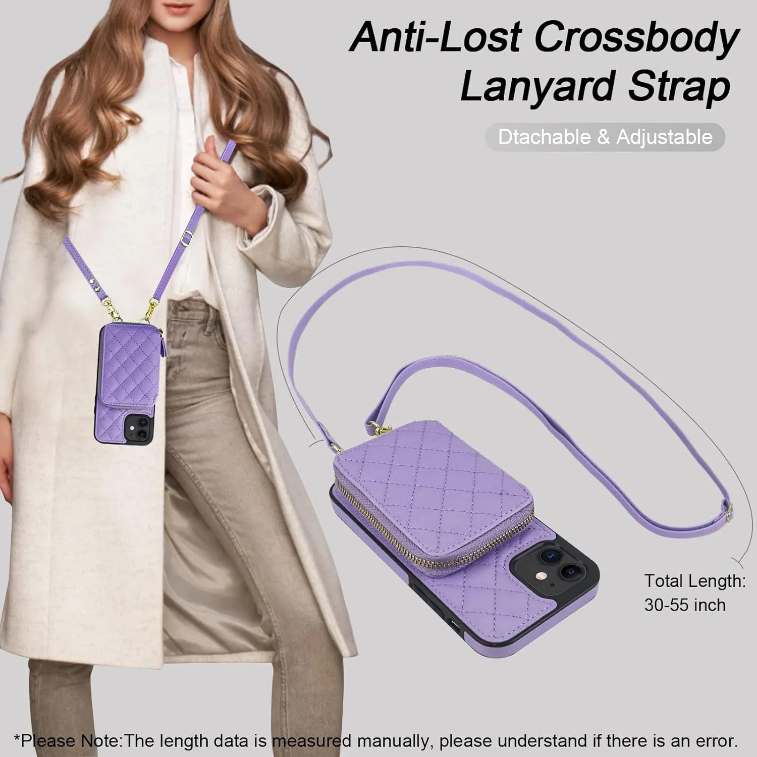 Bocasal Crossbody Wallet Case for iPhone 12/12 Pro, RFID Blocking PU Leather Zipper Handbag Purse Flip Cover, Kickstand Folio Case with Card Slots Holder Wrist Strap Lanyard 5G 6.1 Inch (Purple)