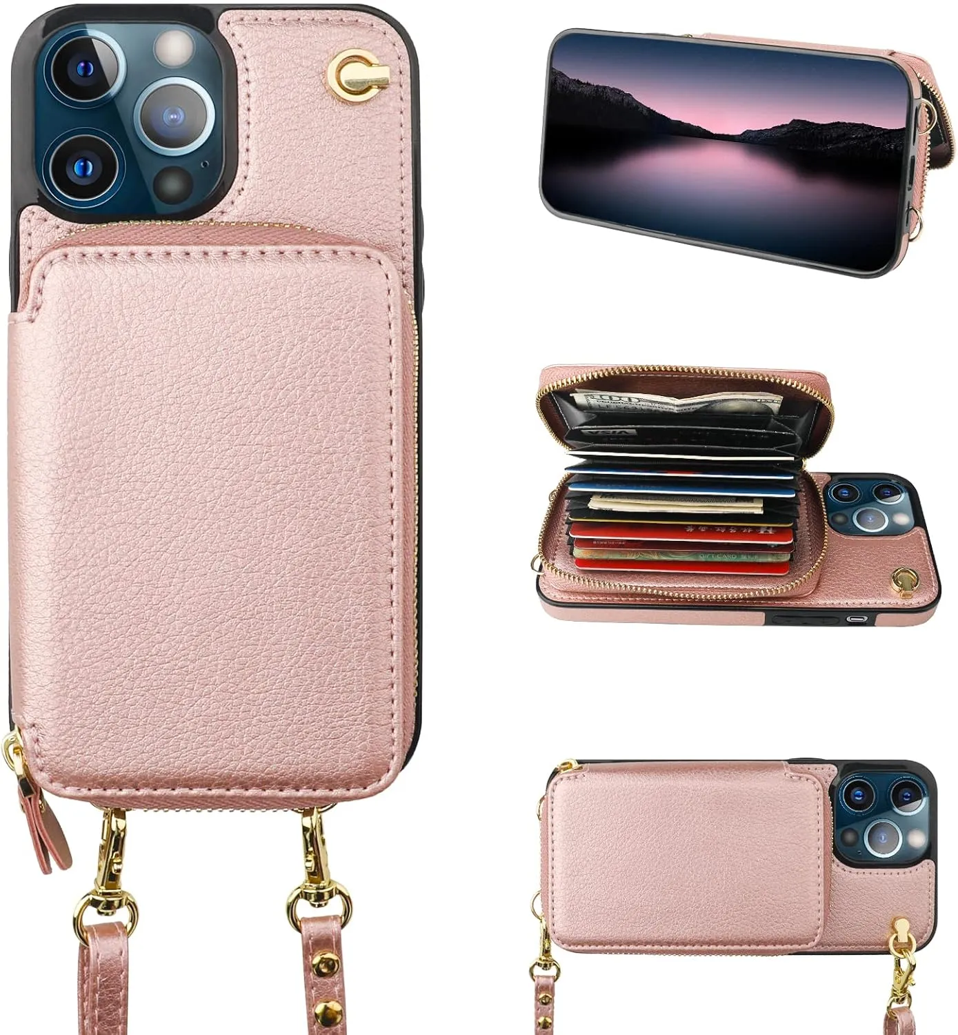 Bocasal Crossbody Wallet Case for iPhone 13 Pro, RFID Blocking Leather Purse Case with Card Holder, Protective Handbag Flip Cover with Zipper Wrist Strap Lanyard for Women 5G 6.1 Inch (Rose Gold)