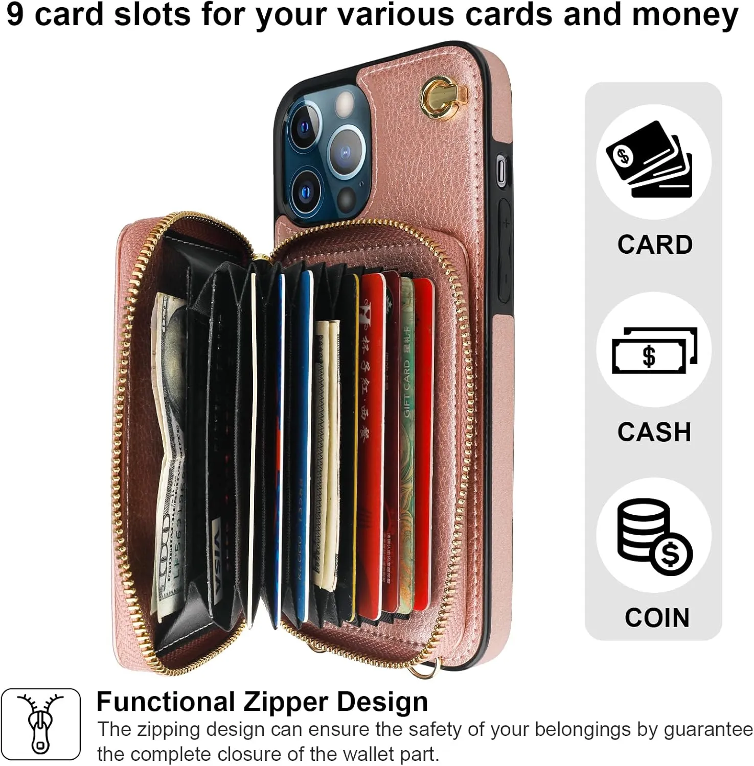 Bocasal Crossbody Wallet Case for iPhone 13 Pro, RFID Blocking Leather Purse Case with Card Holder, Protective Handbag Flip Cover with Zipper Wrist Strap Lanyard for Women 5G 6.1 Inch (Rose Gold)