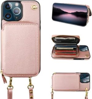 Bocasal Crossbody Wallet Case for iPhone 13 Pro, RFID Blocking Leather Purse Case with Card Holder, Protective Handbag Flip Cover with Zipper Wrist Strap Lanyard for Women 5G 6.1 Inch (Rose Gold)