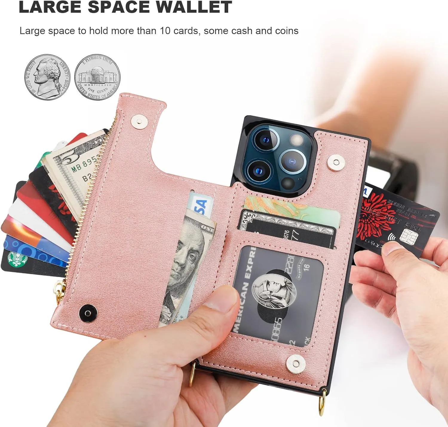 Bocasal Crossbody Wallet Case for iPhone 13 Pro with RFID Blocking Card Slot Holder, Magnetic Flip Folio Purse Case, PU Leather Zipper Handbag with Detachable Lanyard Strap 6.1 Inch 5G (Rose Gold)