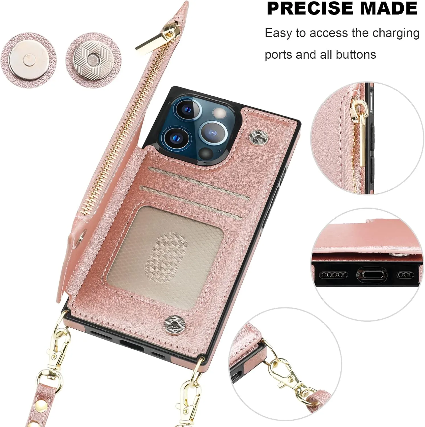 Bocasal Crossbody Wallet Case for iPhone 13 Pro with RFID Blocking Card Slot Holder, Magnetic Flip Folio Purse Case, PU Leather Zipper Handbag with Detachable Lanyard Strap 6.1 Inch 5G (Rose Gold)