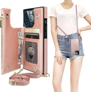 Bocasal Crossbody Wallet Case for iPhone 13 Pro with RFID Blocking Card Slot Holder, Magnetic Flip Folio Purse Case, PU Leather Zipper Handbag with Detachable Lanyard Strap 6.1 Inch 5G (Rose Gold)