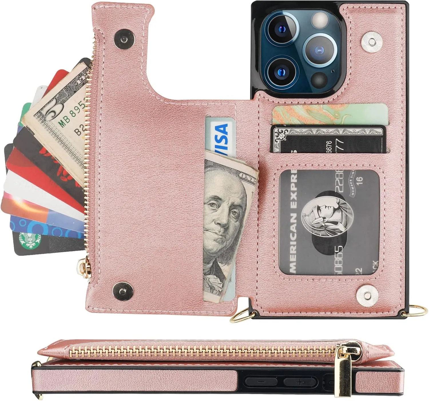Bocasal Crossbody Wallet Case for iPhone 13 Pro with RFID Blocking Card Slot Holder, Magnetic Flip Folio Purse Case, PU Leather Zipper Handbag with Detachable Lanyard Strap 6.1 Inch 5G (Rose Gold)
