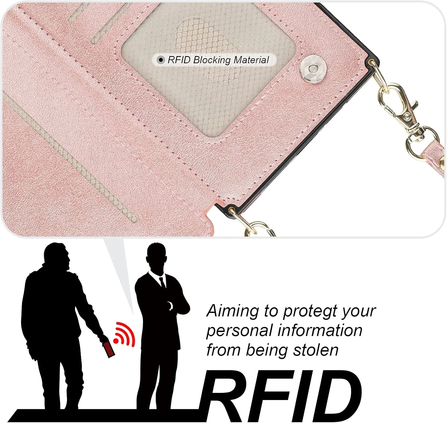 Bocasal Crossbody Wallet Case for iPhone 13 Pro with RFID Blocking Card Slot Holder, Magnetic Flip Folio Purse Case, PU Leather Zipper Handbag with Detachable Lanyard Strap 6.1 Inch 5G (Rose Gold)