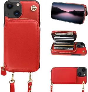 Bocasal Crossbody Wallet Case for iPhone 13, RFID Blocking Leather Purse Case with Card Holder, Protective Handbag Flip Cover with Zipper Wrist Strap Lanyard for Women 5G 6.1 Inch (Red)