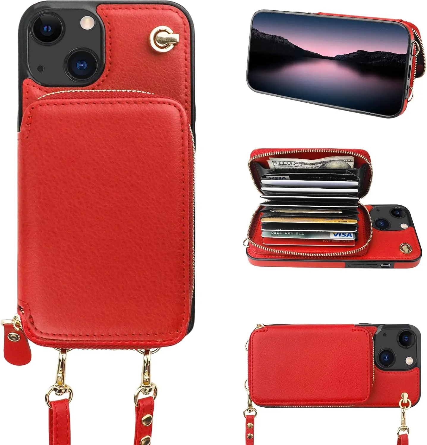 Bocasal Crossbody Wallet Case for iPhone 13, RFID Blocking Leather Purse Case with Card Holder, Protective Handbag Flip Cover with Zipper Wrist Strap Lanyard for Women 5G 6.1 Inch (Red)