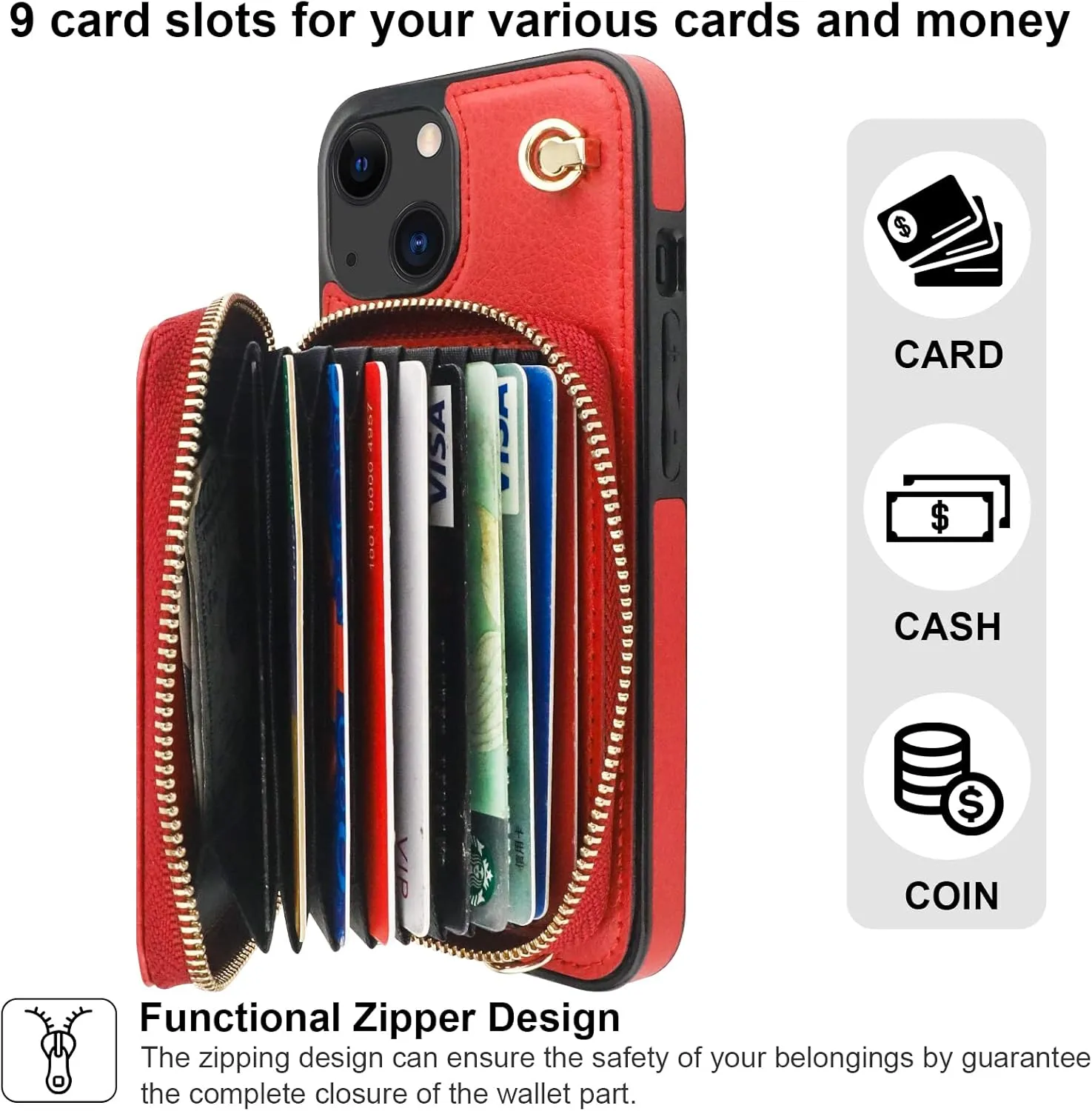 Bocasal Crossbody Wallet Case for iPhone 13, RFID Blocking Leather Purse Case with Card Holder, Protective Handbag Flip Cover with Zipper Wrist Strap Lanyard for Women 5G 6.1 Inch (Red)