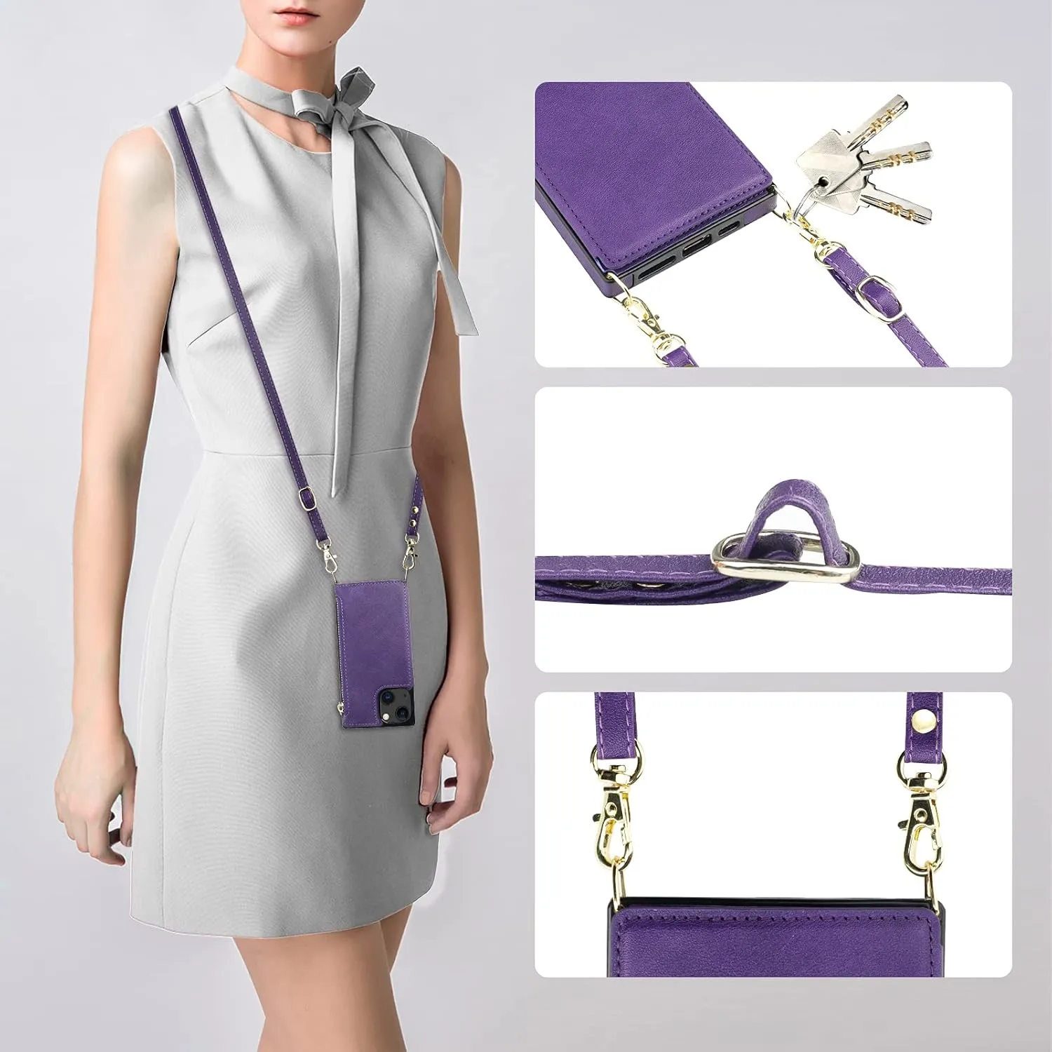 Bocasal Crossbody Wallet Case for iPhone 13 with RFID Blocking Card Slot Holder, Magnetic Flip Folio Purse Case, PU Leather Zipper Handbag with Detachable Lanyard Strap 6.1 Inch 5G (Purple)