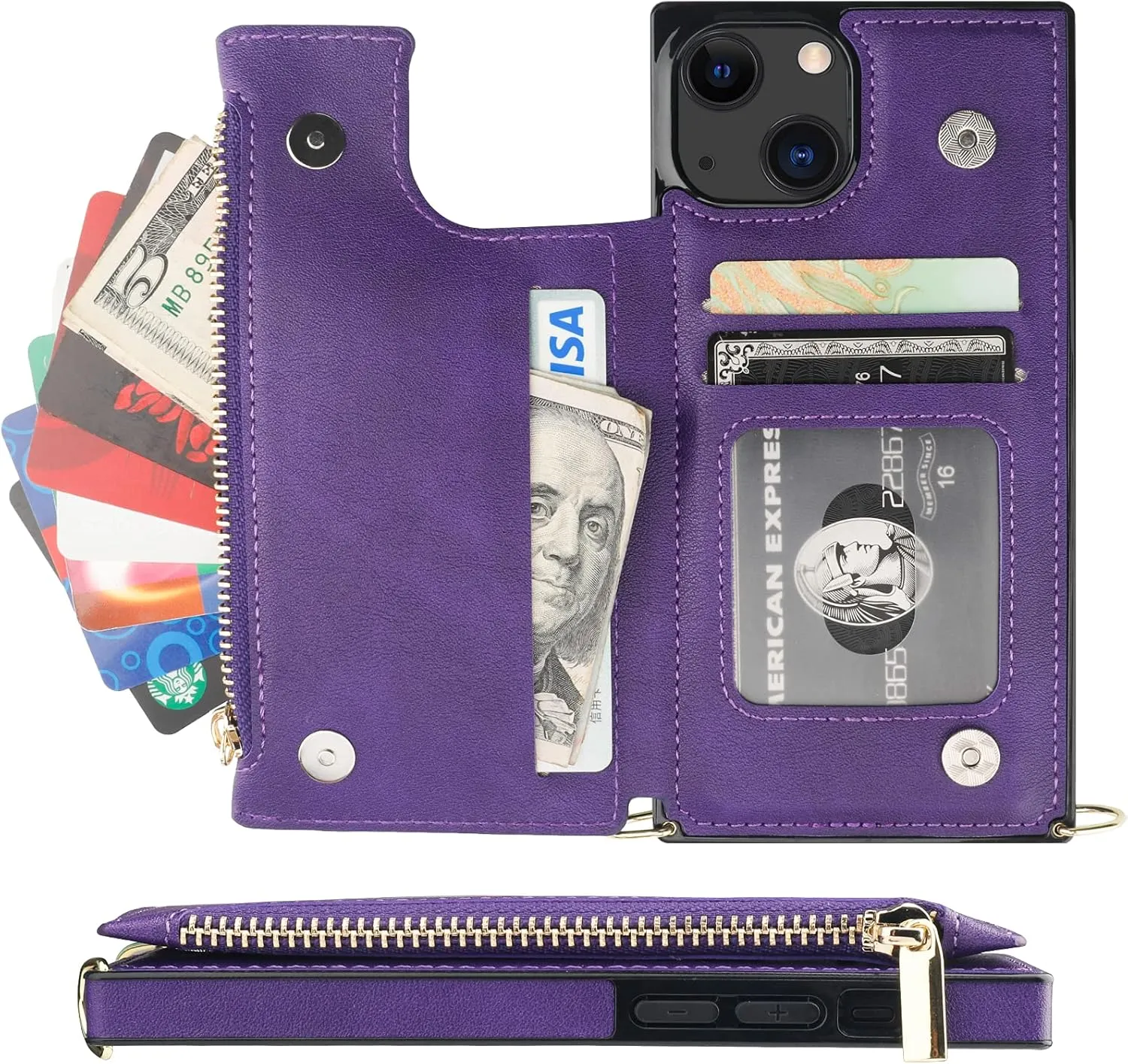 Bocasal Crossbody Wallet Case for iPhone 13 with RFID Blocking Card Slot Holder, Magnetic Flip Folio Purse Case, PU Leather Zipper Handbag with Detachable Lanyard Strap 6.1 Inch 5G (Purple)