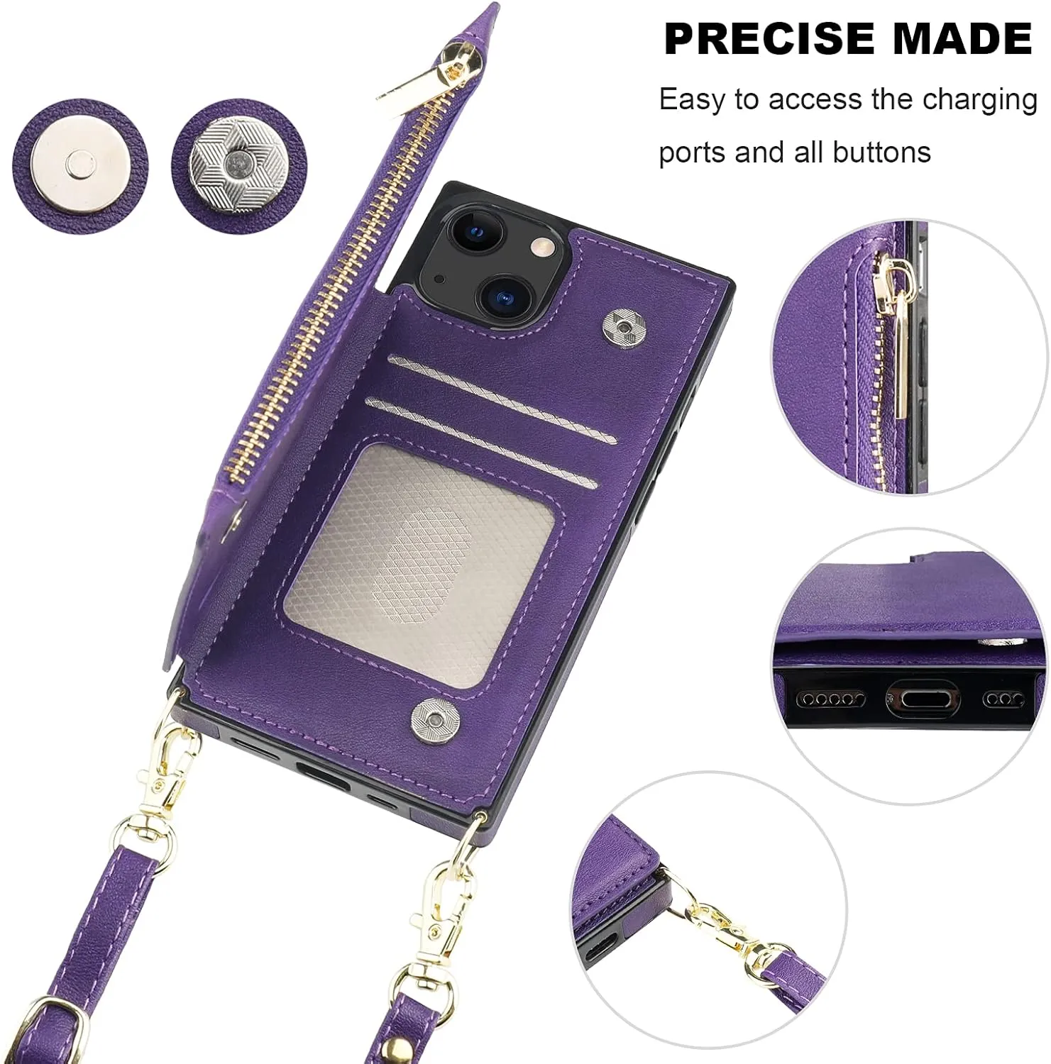 Bocasal Crossbody Wallet Case for iPhone 13 with RFID Blocking Card Slot Holder, Magnetic Flip Folio Purse Case, PU Leather Zipper Handbag with Detachable Lanyard Strap 6.1 Inch 5G (Purple)