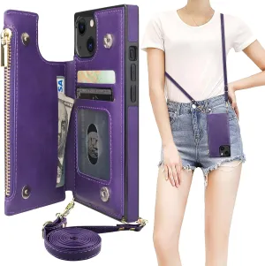 Bocasal Crossbody Wallet Case for iPhone 13 with RFID Blocking Card Slot Holder, Magnetic Flip Folio Purse Case, PU Leather Zipper Handbag with Detachable Lanyard Strap 6.1 Inch 5G (Purple)