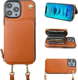 Bocasal Crossbody Wallet Case for iPhone 14 Pro, RFID Blocking Leather Purse Case with Card Holder, Protective Handbag Flip Cover with Slots Zipper Wrist Strap Lanyard for Women 5G 6.1 Inch (Brown)