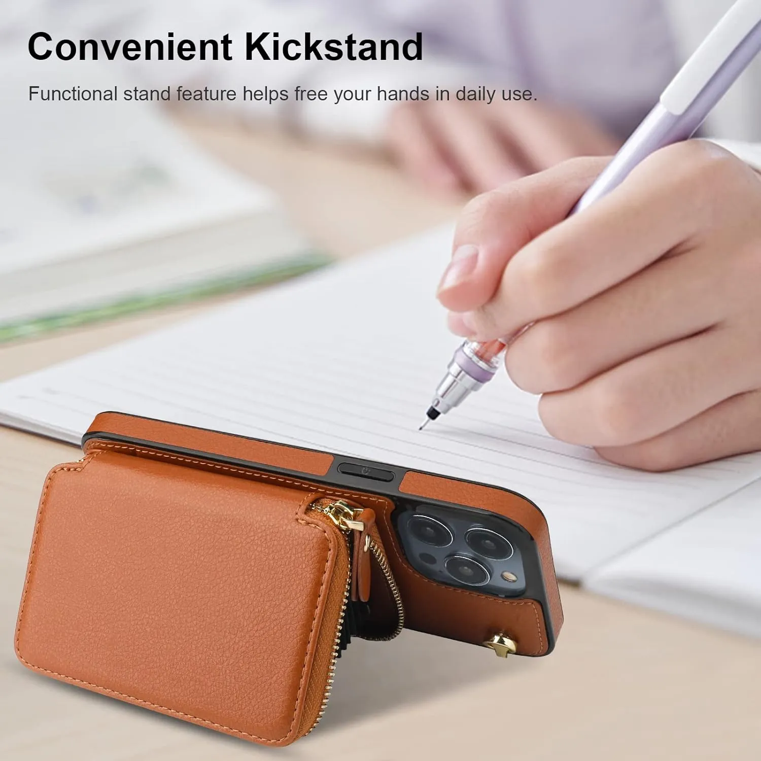 Bocasal Crossbody Wallet Case for iPhone 14 Pro, RFID Blocking Leather Purse Case with Card Holder, Protective Handbag Flip Cover with Slots Zipper Wrist Strap Lanyard for Women 5G 6.1 Inch (Brown)