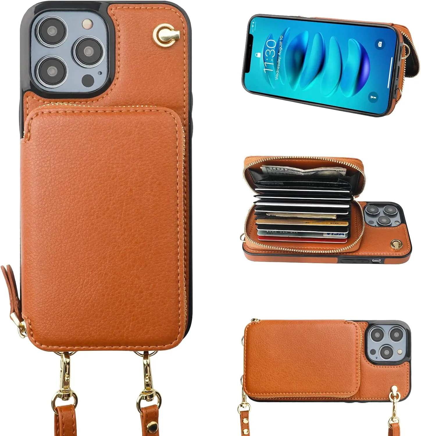 Bocasal Crossbody Wallet Case for iPhone 14 Pro, RFID Blocking Leather Purse Case with Card Holder, Protective Handbag Flip Cover with Slots Zipper Wrist Strap Lanyard for Women 5G 6.1 Inch (Brown)