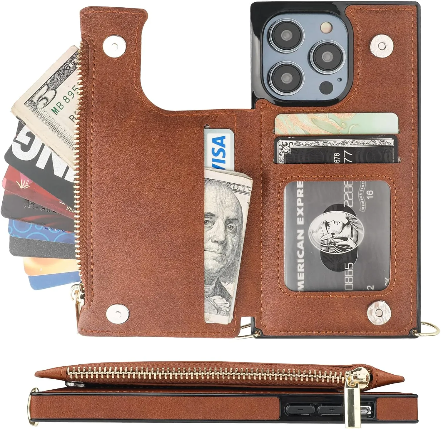 Bocasal Crossbody Wallet Case for iPhone 14 Pro with RFID Blocking Card Slot Holder, Magnetic Flip Folio Purse Case, PU Leather Zipper Handbag with Detachable Lanyard Strap 6.1 Inch 5G (Brown)