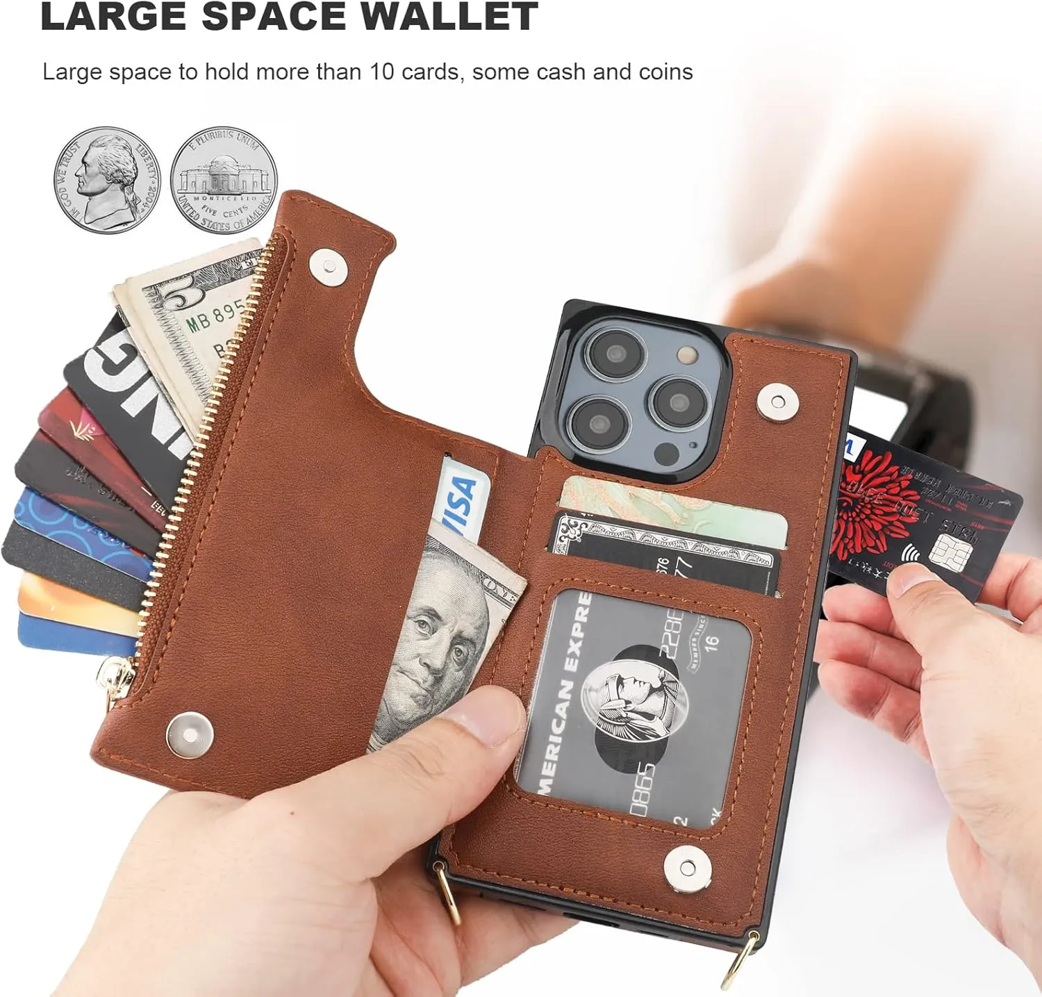 Bocasal Crossbody Wallet Case for iPhone 14 Pro with RFID Blocking Card Slot Holder, Magnetic Flip Folio Purse Case, PU Leather Zipper Handbag with Detachable Lanyard Strap 6.1 Inch 5G (Brown)