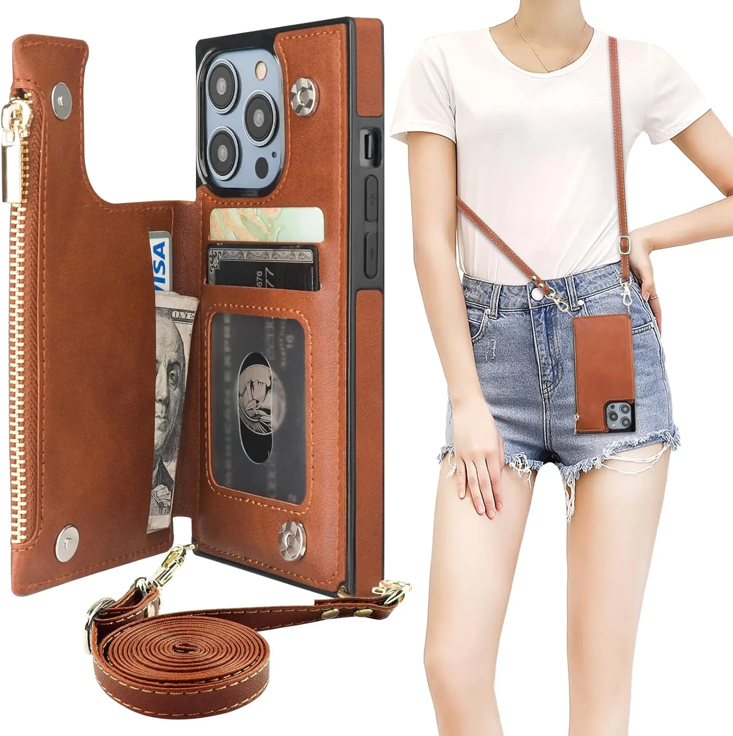 Bocasal Crossbody Wallet Case for iPhone 14 Pro with RFID Blocking Card Slot Holder, Magnetic Flip Folio Purse Case, PU Leather Zipper Handbag with Detachable Lanyard Strap 6.1 Inch 5G (Brown)