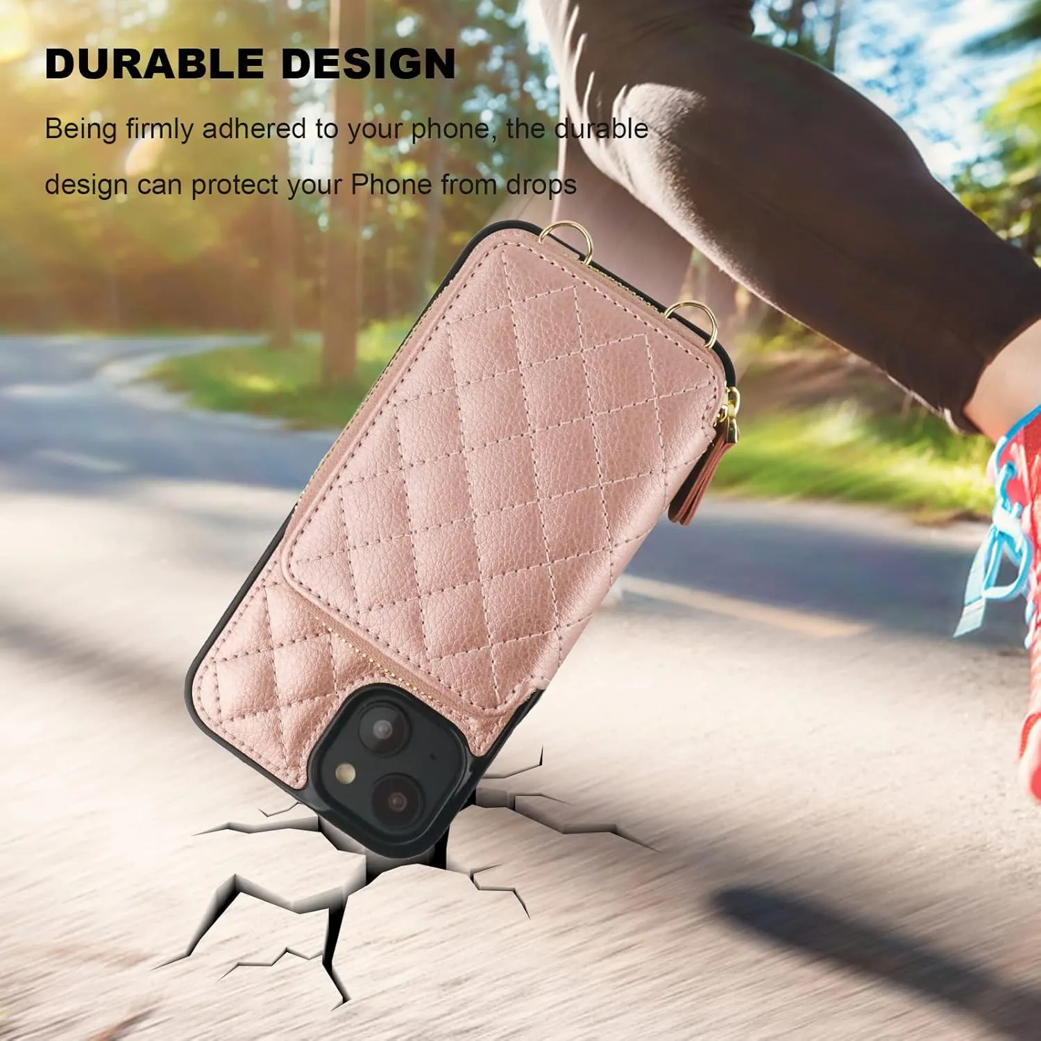 Bocasal Crossbody Wallet Case for iPhone 14, RFID Blocking PU Leather Zipper Handbag Purse Flip Cover, Kickstand Folio Case with Card Slots Holder Wrist Strap Lanyard 5G 6.1 Inch (Rose Gold)