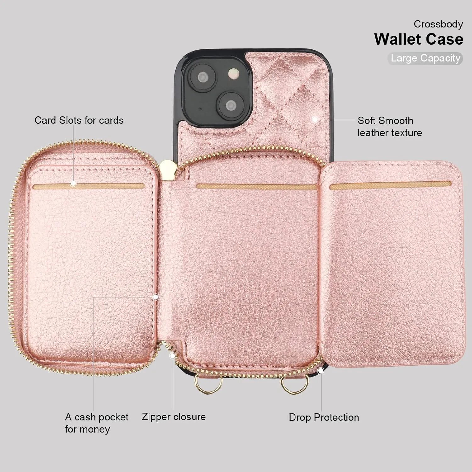 Bocasal Crossbody Wallet Case for iPhone 14, RFID Blocking PU Leather Zipper Handbag Purse Flip Cover, Kickstand Folio Case with Card Slots Holder Wrist Strap Lanyard 5G 6.1 Inch (Rose Gold)