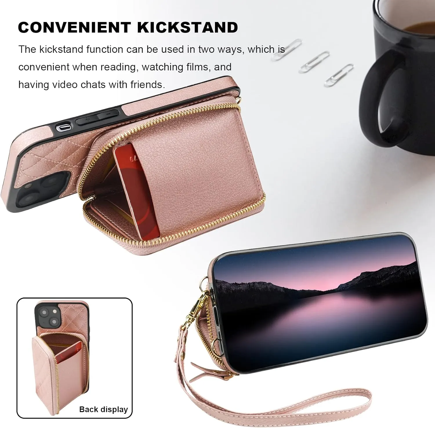 Bocasal Crossbody Wallet Case for iPhone 14, RFID Blocking PU Leather Zipper Handbag Purse Flip Cover, Kickstand Folio Case with Card Slots Holder Wrist Strap Lanyard 5G 6.1 Inch (Rose Gold)