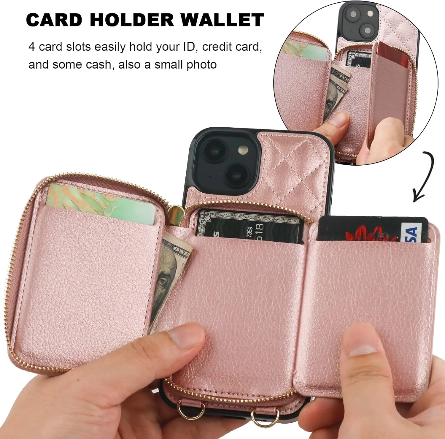 Bocasal Crossbody Wallet Case for iPhone 14, RFID Blocking PU Leather Zipper Handbag Purse Flip Cover, Kickstand Folio Case with Card Slots Holder Wrist Strap Lanyard 5G 6.1 Inch (Rose Gold)