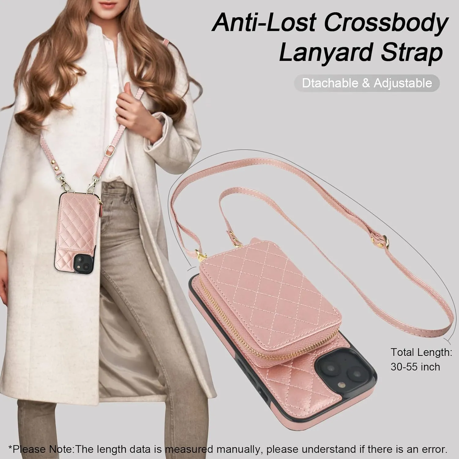 Bocasal Crossbody Wallet Case for iPhone 14, RFID Blocking PU Leather Zipper Handbag Purse Flip Cover, Kickstand Folio Case with Card Slots Holder Wrist Strap Lanyard 5G 6.1 Inch (Rose Gold)