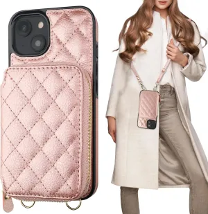 Bocasal Crossbody Wallet Case for iPhone 14, RFID Blocking PU Leather Zipper Handbag Purse Flip Cover, Kickstand Folio Case with Card Slots Holder Wrist Strap Lanyard 5G 6.1 Inch (Rose Gold)