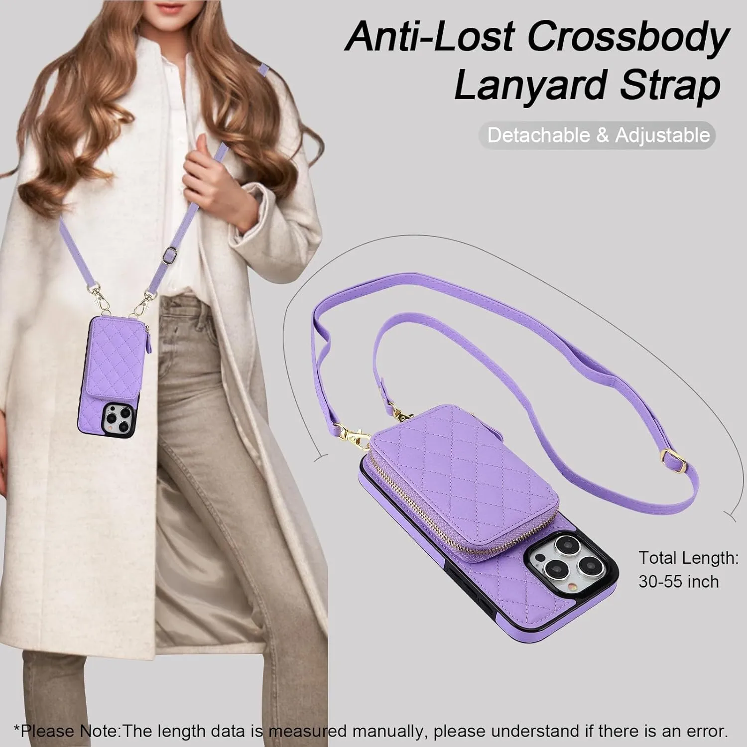 Bocasal Crossbody Wallet Case for iPhone 15 Pro Max, RFID Blocking PU Leather Zipper Handbag Purse Flip Cover, Kickstand Folio Case with Card Slots Holder Wrist Strap Lanyard 5G 6.7 Inch (Purple)