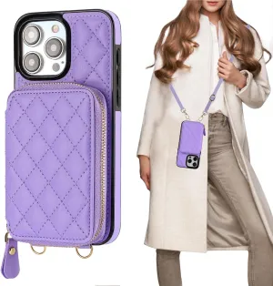 Bocasal Crossbody Wallet Case for iPhone 15 Pro Max, RFID Blocking PU Leather Zipper Handbag Purse Flip Cover, Kickstand Folio Case with Card Slots Holder Wrist Strap Lanyard 5G 6.7 Inch (Purple)