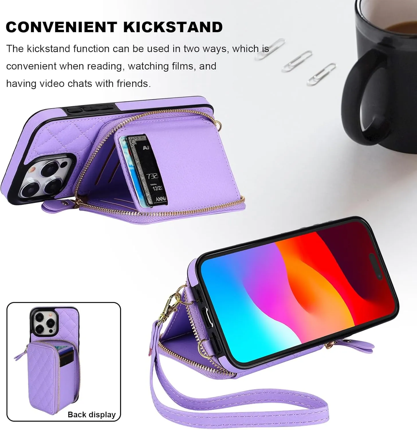 Bocasal Crossbody Wallet Case for iPhone 15 Pro Max, RFID Blocking PU Leather Zipper Handbag Purse Flip Cover, Kickstand Folio Case with Card Slots Holder Wrist Strap Lanyard 5G 6.7 Inch (Purple)