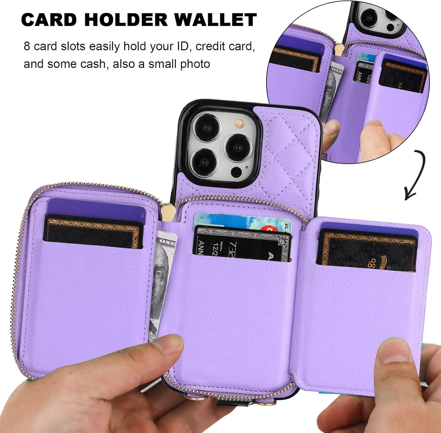 Bocasal Crossbody Wallet Case for iPhone 15 Pro Max, RFID Blocking PU Leather Zipper Handbag Purse Flip Cover, Kickstand Folio Case with Card Slots Holder Wrist Strap Lanyard 5G 6.7 Inch (Purple)