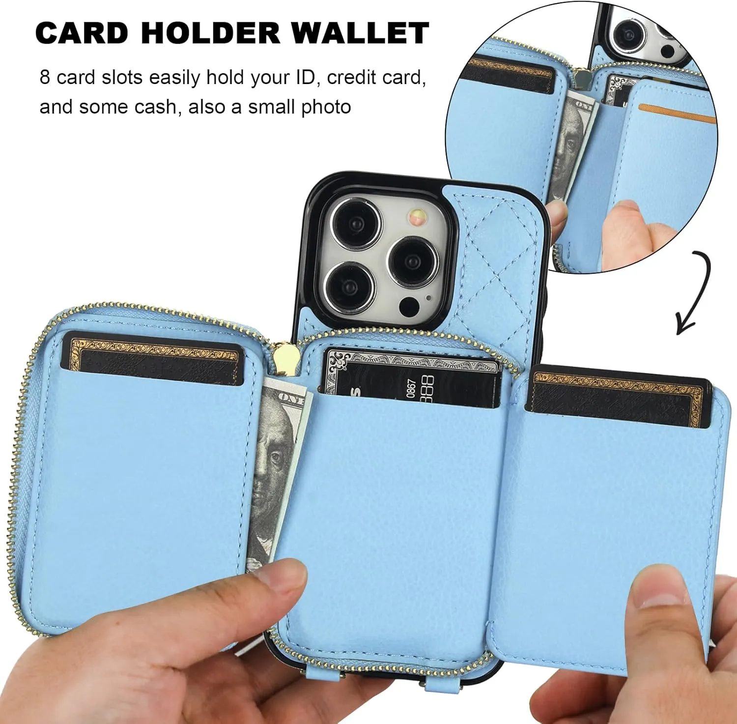 Bocasal Crossbody Wallet Case for iPhone 15 Pro, RFID Blocking PU Leather Zipper Handbag Purse Flip Cover, Kickstand Folio Case with Card Slots Holder Wrist Strap Lanyard 5G 6.1 Inch (Blue)