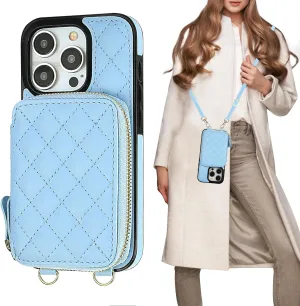 Bocasal Crossbody Wallet Case for iPhone 15 Pro, RFID Blocking PU Leather Zipper Handbag Purse Flip Cover, Kickstand Folio Case with Card Slots Holder Wrist Strap Lanyard 5G 6.1 Inch (Blue)