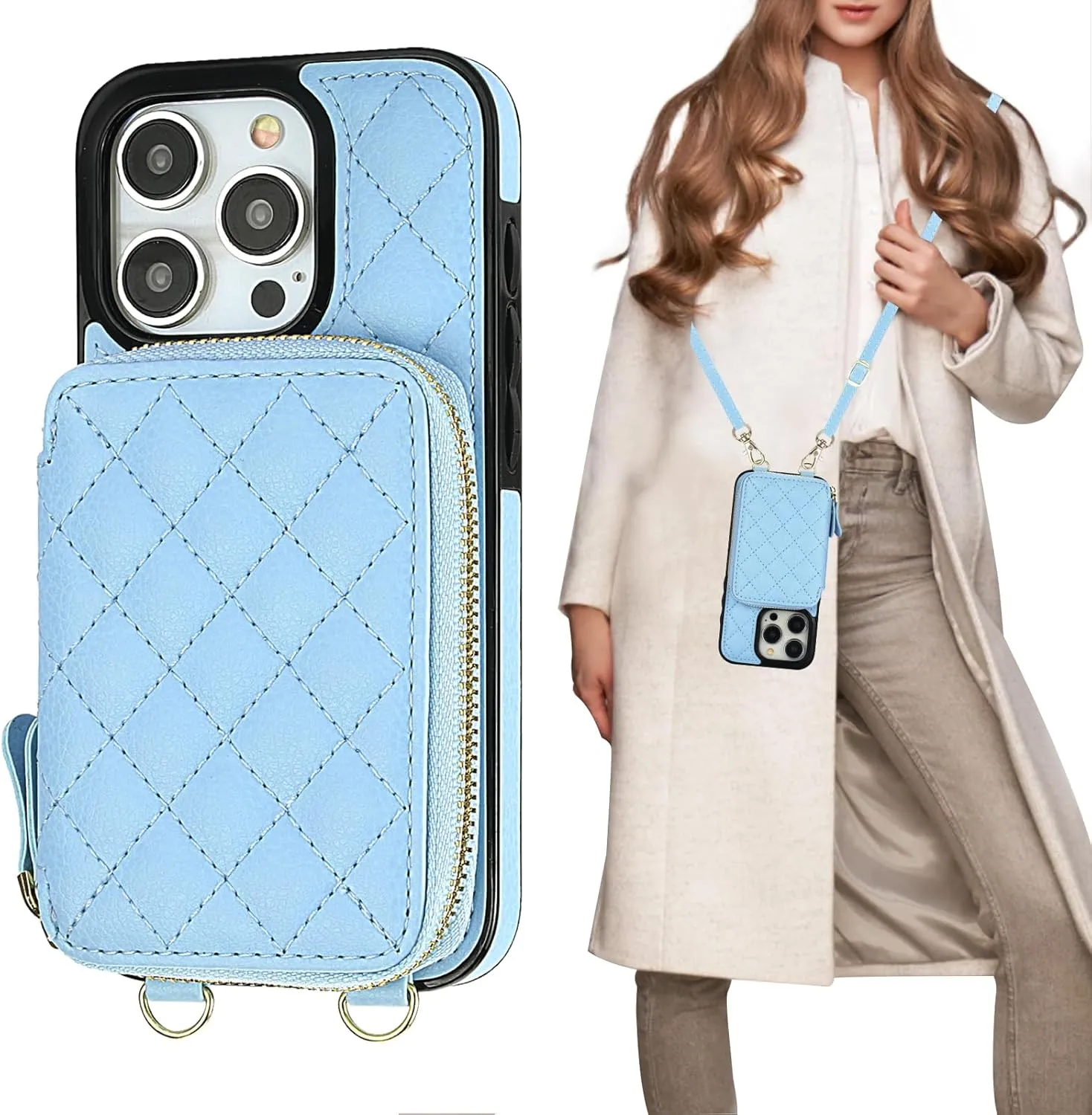 Bocasal Crossbody Wallet Case for iPhone 15 Pro, RFID Blocking PU Leather Zipper Handbag Purse Flip Cover, Kickstand Folio Case with Card Slots Holder Wrist Strap Lanyard 5G 6.1 Inch (Blue)