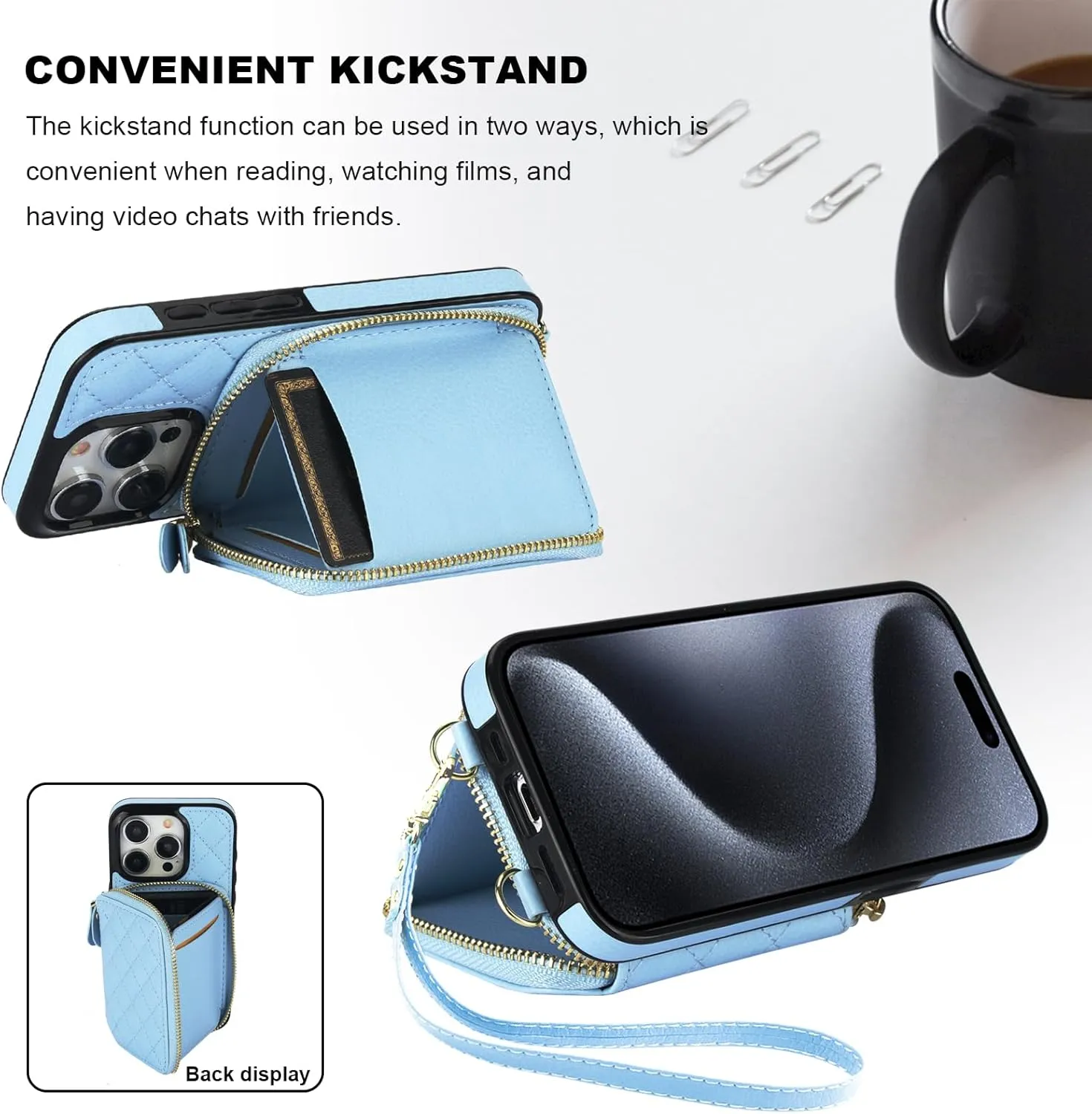 Bocasal Crossbody Wallet Case for iPhone 15 Pro, RFID Blocking PU Leather Zipper Handbag Purse Flip Cover, Kickstand Folio Case with Card Slots Holder Wrist Strap Lanyard 5G 6.1 Inch (Blue)