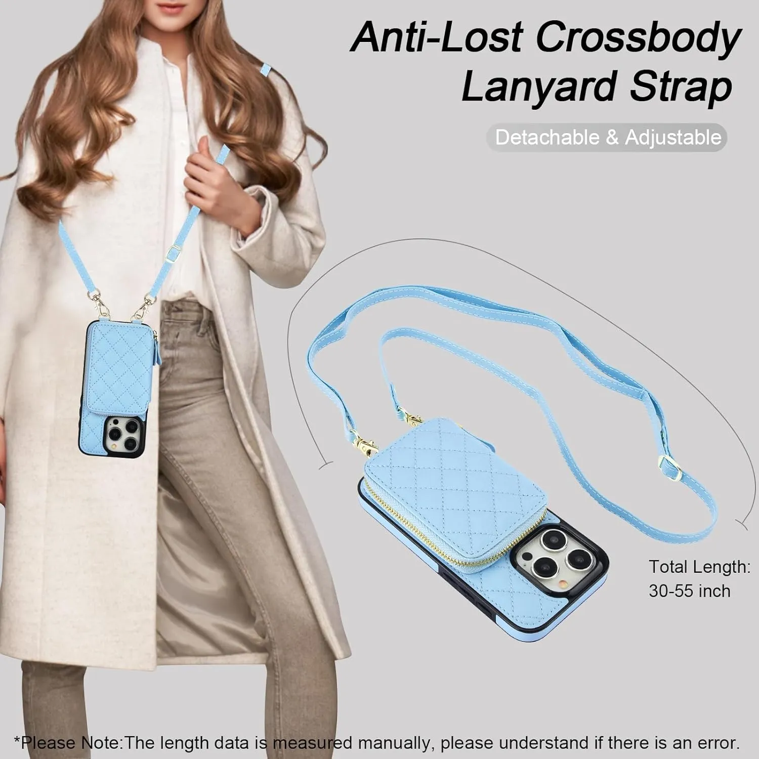 Bocasal Crossbody Wallet Case for iPhone 15 Pro, RFID Blocking PU Leather Zipper Handbag Purse Flip Cover, Kickstand Folio Case with Card Slots Holder Wrist Strap Lanyard 5G 6.1 Inch (Blue)