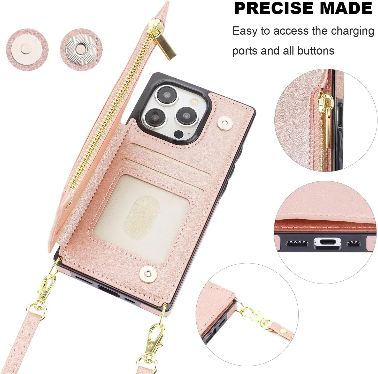 Bocasal Crossbody Wallet Case for iPhone 15 Pro with RFID Blocking Card Slot Holder, Magnetic Flip Folio Purse Case, PU Leather Zipper Handbag with Detachable Lanyard Strap 6.1 Inch 5G (Rose Gold)