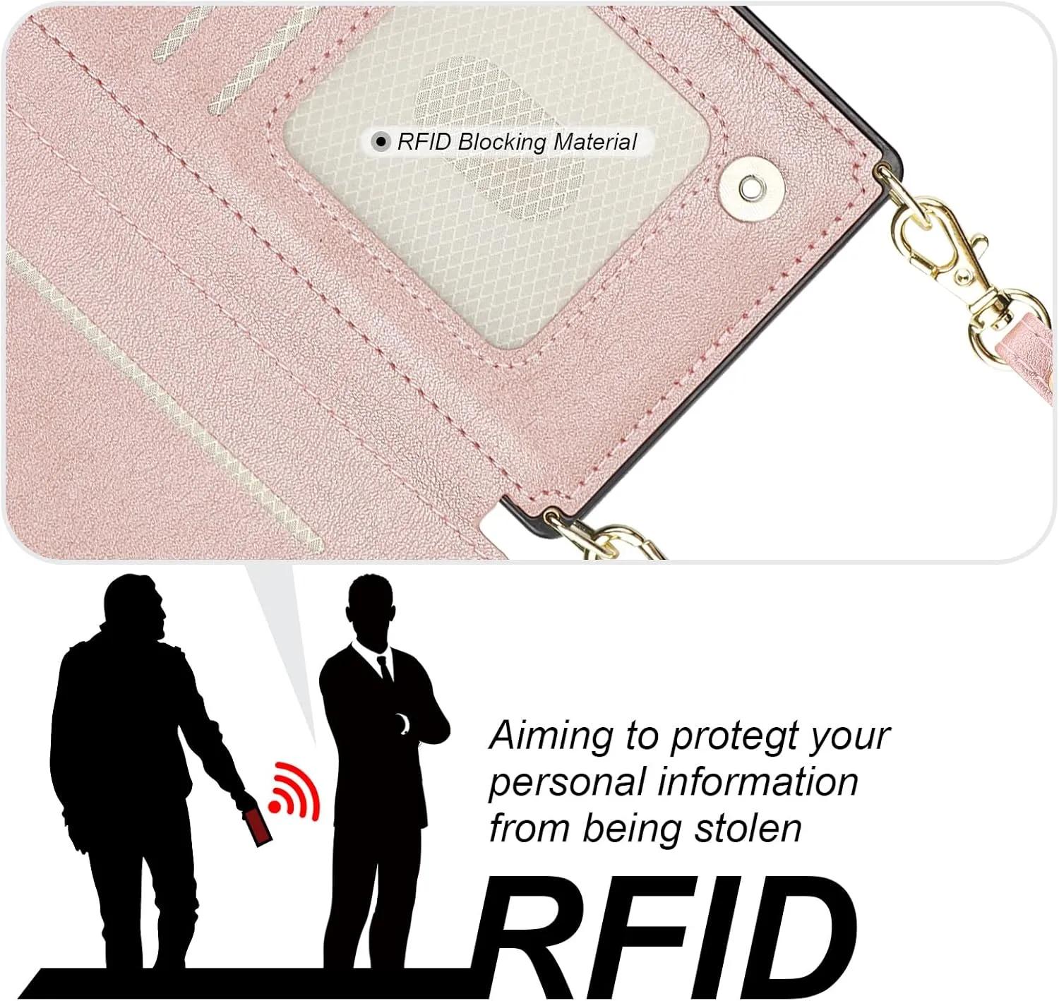 Bocasal Crossbody Wallet Case for iPhone 15 Pro with RFID Blocking Card Slot Holder, Magnetic Flip Folio Purse Case, PU Leather Zipper Handbag with Detachable Lanyard Strap 6.1 Inch 5G (Rose Gold)