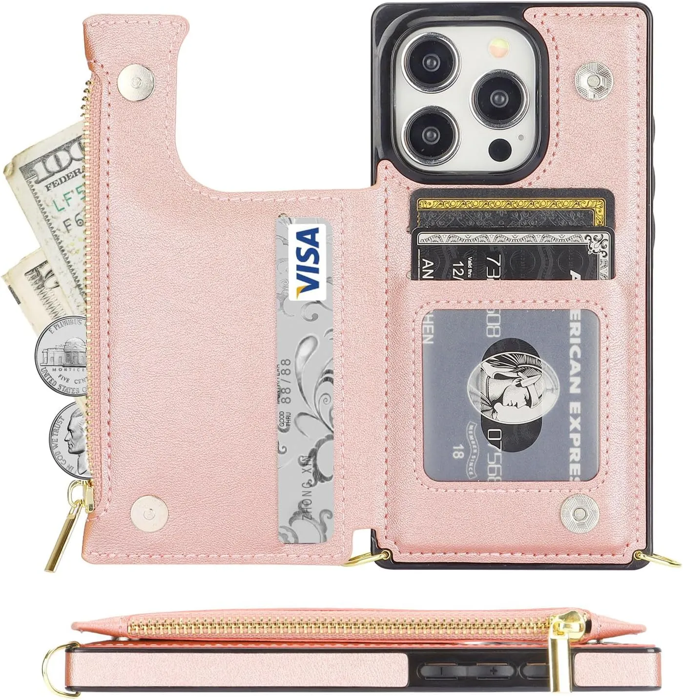 Bocasal Crossbody Wallet Case for iPhone 15 Pro with RFID Blocking Card Slot Holder, Magnetic Flip Folio Purse Case, PU Leather Zipper Handbag with Detachable Lanyard Strap 6.1 Inch 5G (Rose Gold)