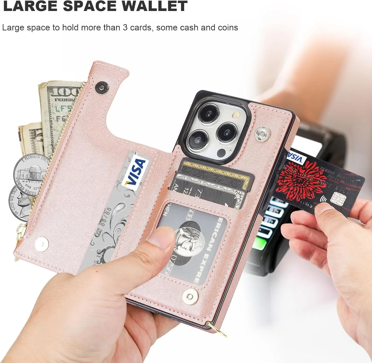 Bocasal Crossbody Wallet Case for iPhone 15 Pro with RFID Blocking Card Slot Holder, Magnetic Flip Folio Purse Case, PU Leather Zipper Handbag with Detachable Lanyard Strap 6.1 Inch 5G (Rose Gold)