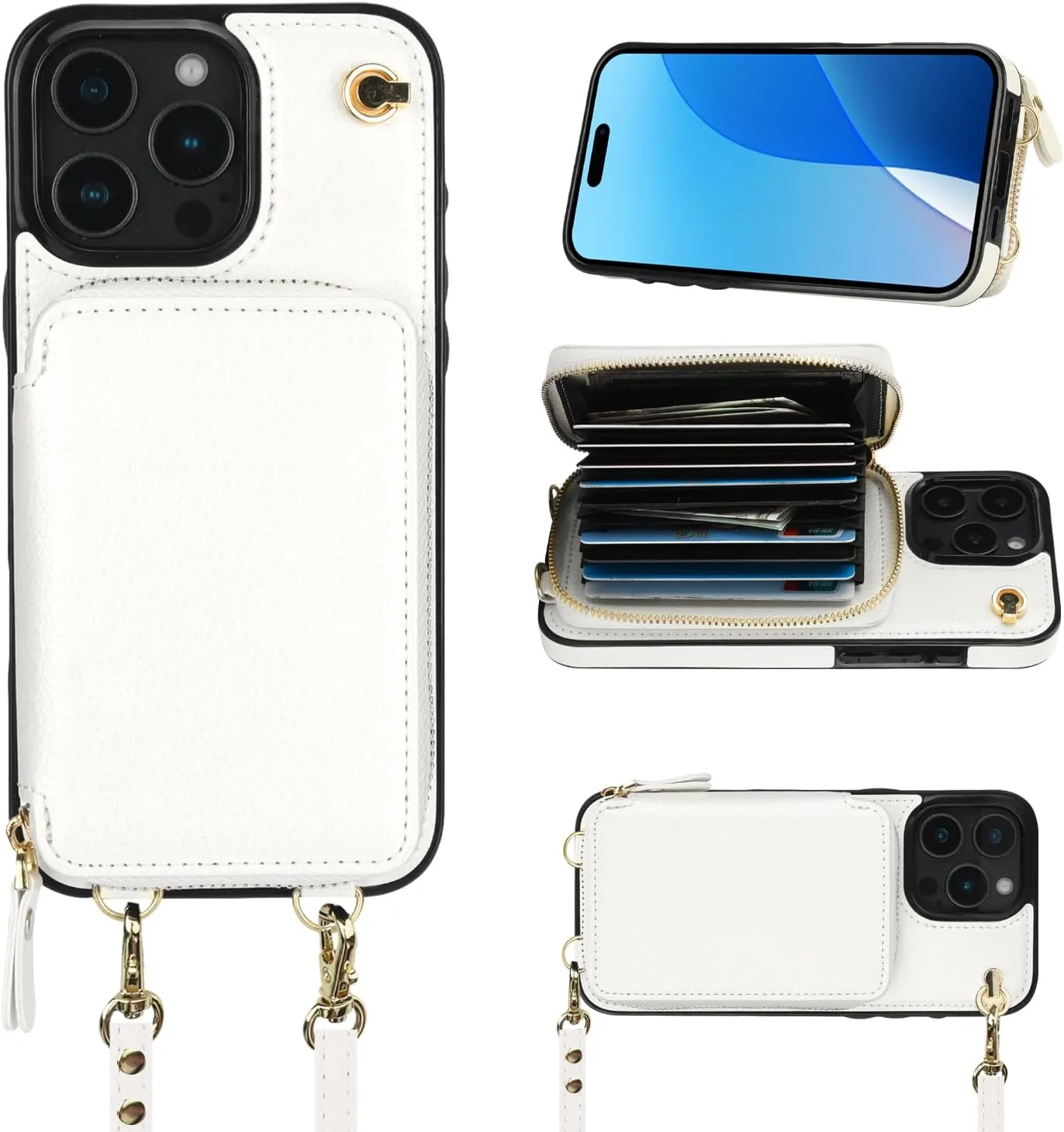 Bocasal Crossbody Wallet Case for iPhone 16 Pro Max, RFID Blocking Leather Purse Case with Card Holder, Protective Handbag Flip Cover with Zipper Wrist Strap Lanyard for Women 5G 6.9 Inch (White)