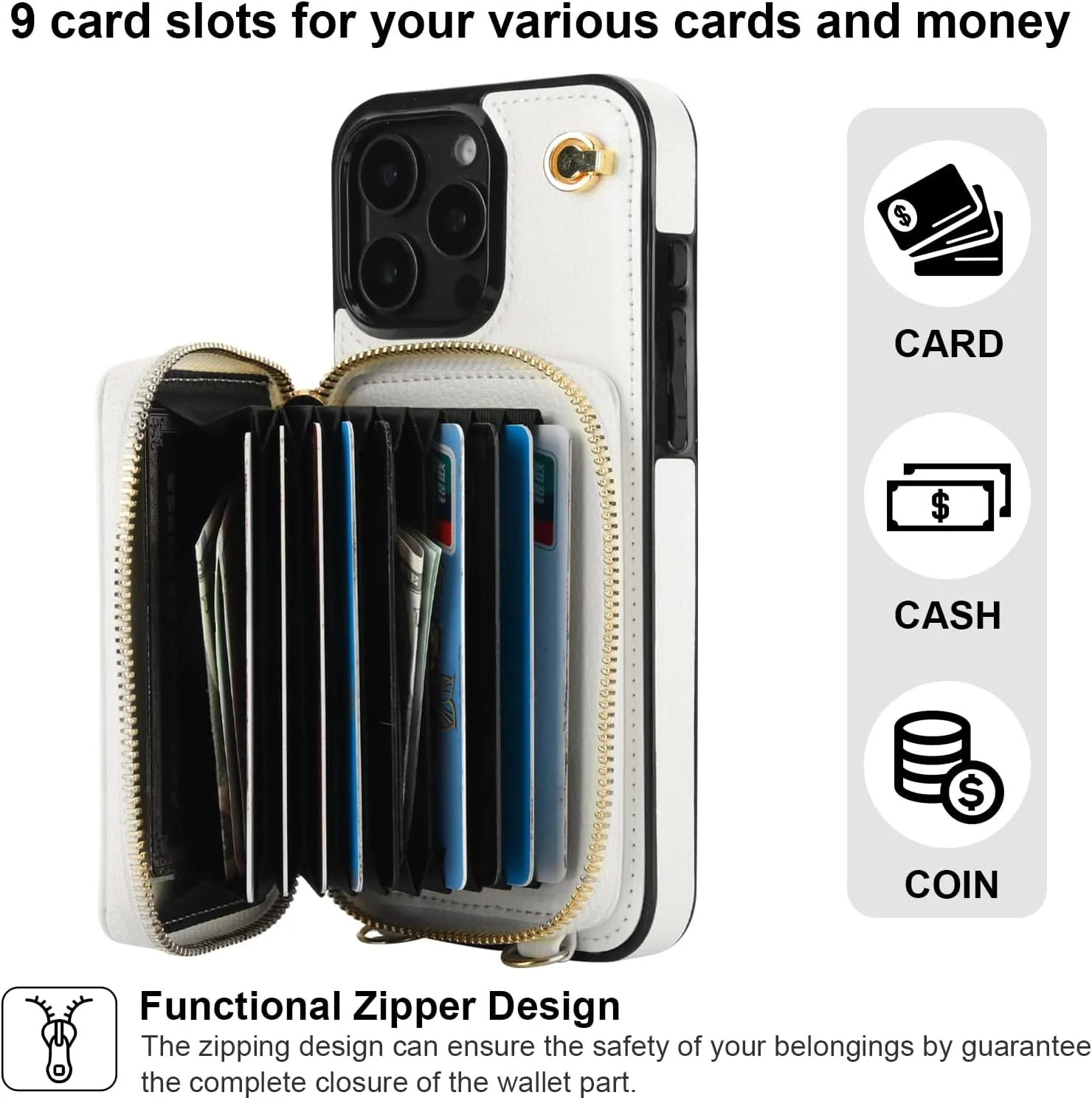 Bocasal Crossbody Wallet Case for iPhone 16 Pro Max, RFID Blocking Leather Purse Case with Card Holder, Protective Handbag Flip Cover with Zipper Wrist Strap Lanyard for Women 5G 6.9 Inch (White)