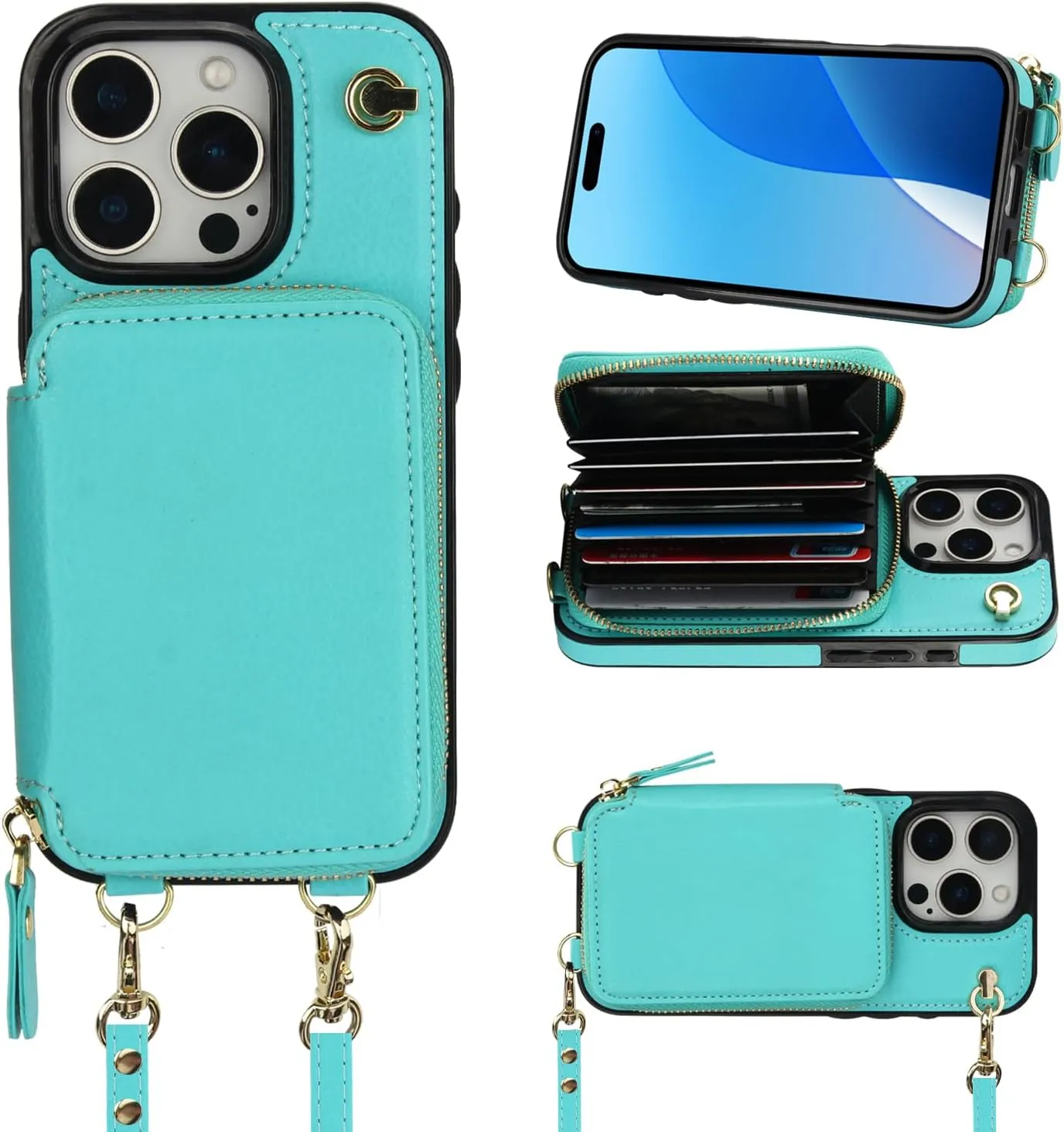 Bocasal Crossbody Wallet Case for iPhone 16 Pro, RFID Blocking Leather Purse Case with Card Holder, Protective Handbag Flip Cover with Zipper Wrist Strap Lanyard for Women 5G 6.3 Inch (Mint Green)
