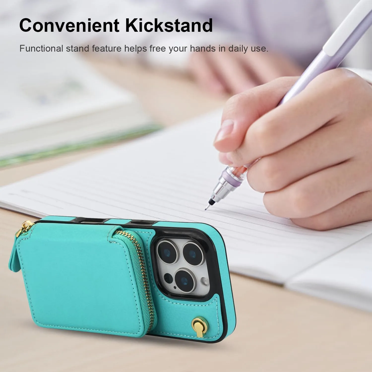 Bocasal Crossbody Wallet Case for iPhone 16 Pro, RFID Blocking Leather Purse Case with Card Holder, Protective Handbag Flip Cover with Zipper Wrist Strap Lanyard for Women 5G 6.3 Inch (Mint Green)