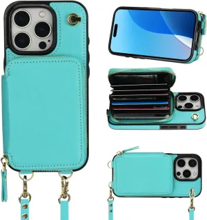 Bocasal Crossbody Wallet Case for iPhone 16 Pro, RFID Blocking Leather Purse Case with Card Holder, Protective Handbag Flip Cover with Zipper Wrist Strap Lanyard for Women 5G 6.3 Inch (Mint Green)