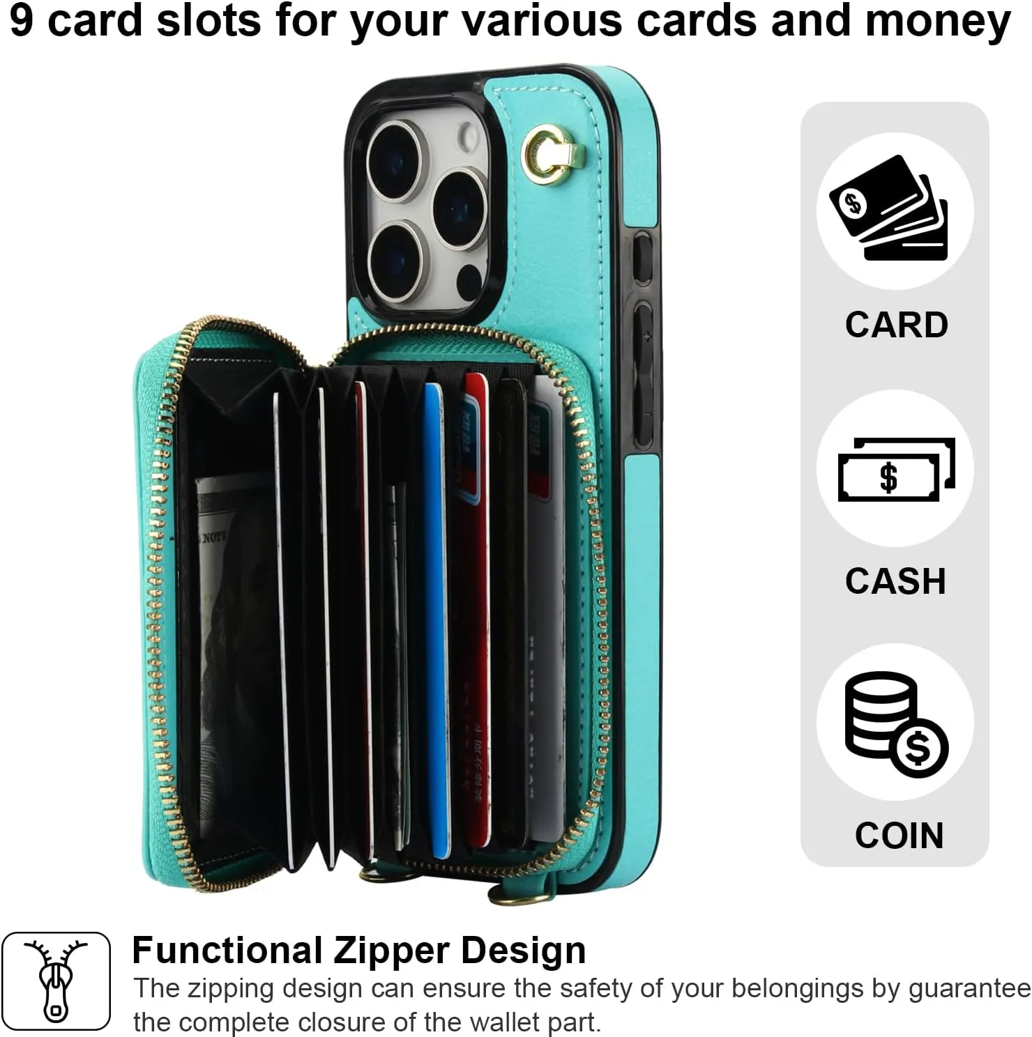 Bocasal Crossbody Wallet Case for iPhone 16 Pro, RFID Blocking Leather Purse Case with Card Holder, Protective Handbag Flip Cover with Zipper Wrist Strap Lanyard for Women 5G 6.3 Inch (Mint Green)