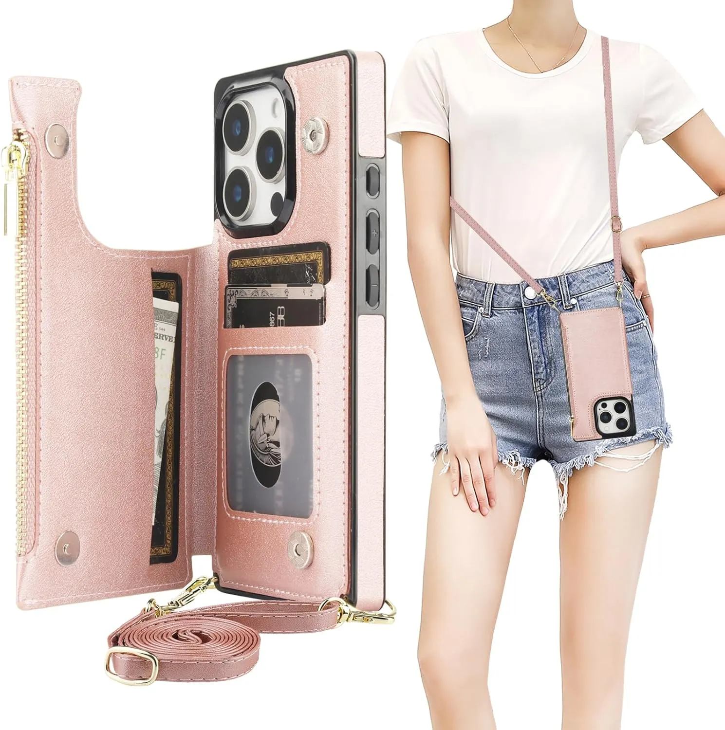 Bocasal Crossbody Wallet Case for iPhone 16 Pro with RFID Blocking Card Slot Holder, Magnetic Flip Folio Purse Case, PU Leather Zipper Handbag with Detachable Lanyard Strap 6.3 Inch 5G (Rose Gold)